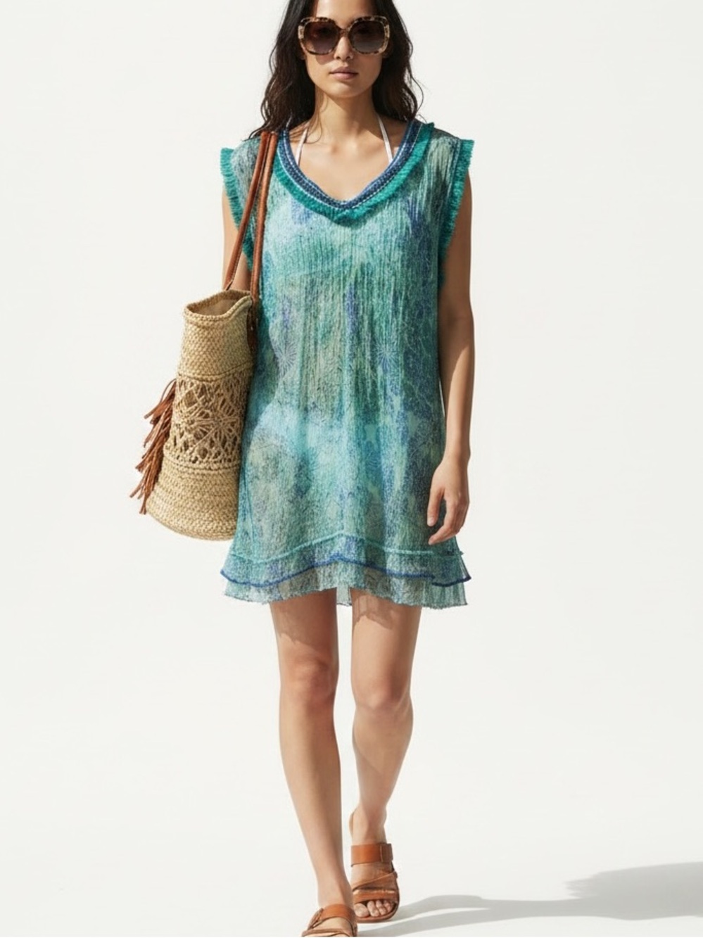 Silk Poupette St. Barth Blue and Green Floral Tunic Sheer Layered Fringe